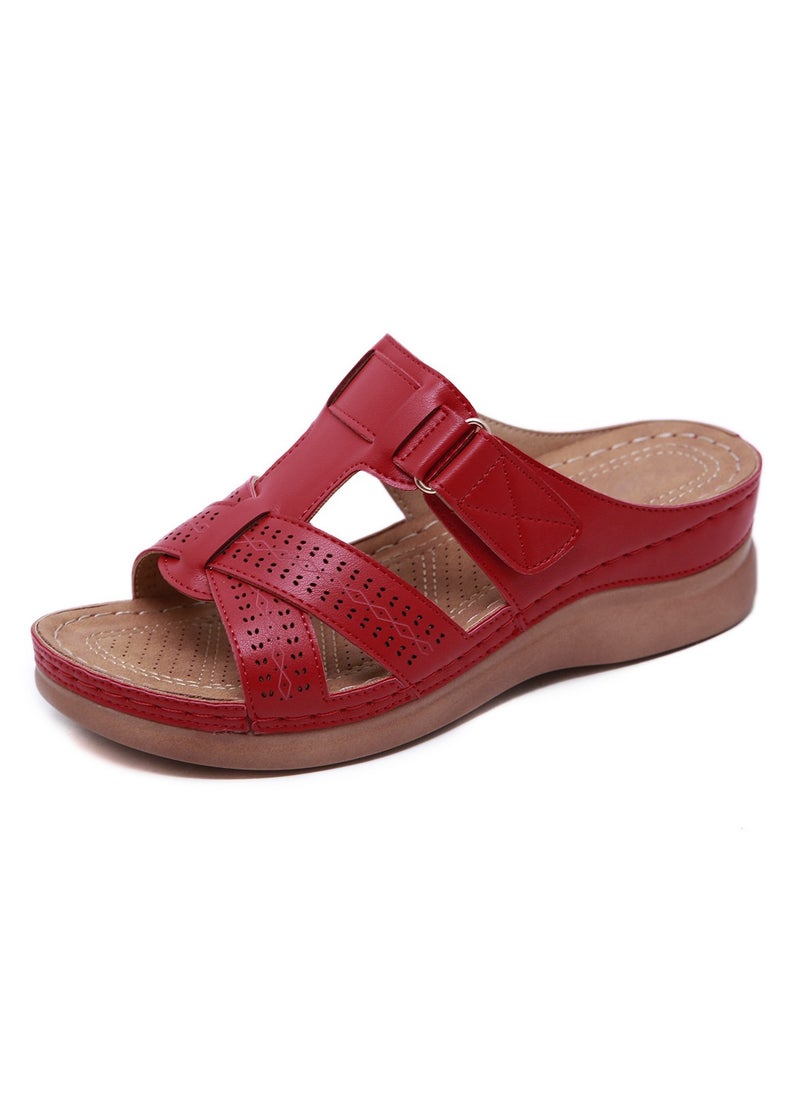 Womens Wedge Sandals Slippers Breathable Casual Slip On Summer Shoes Red