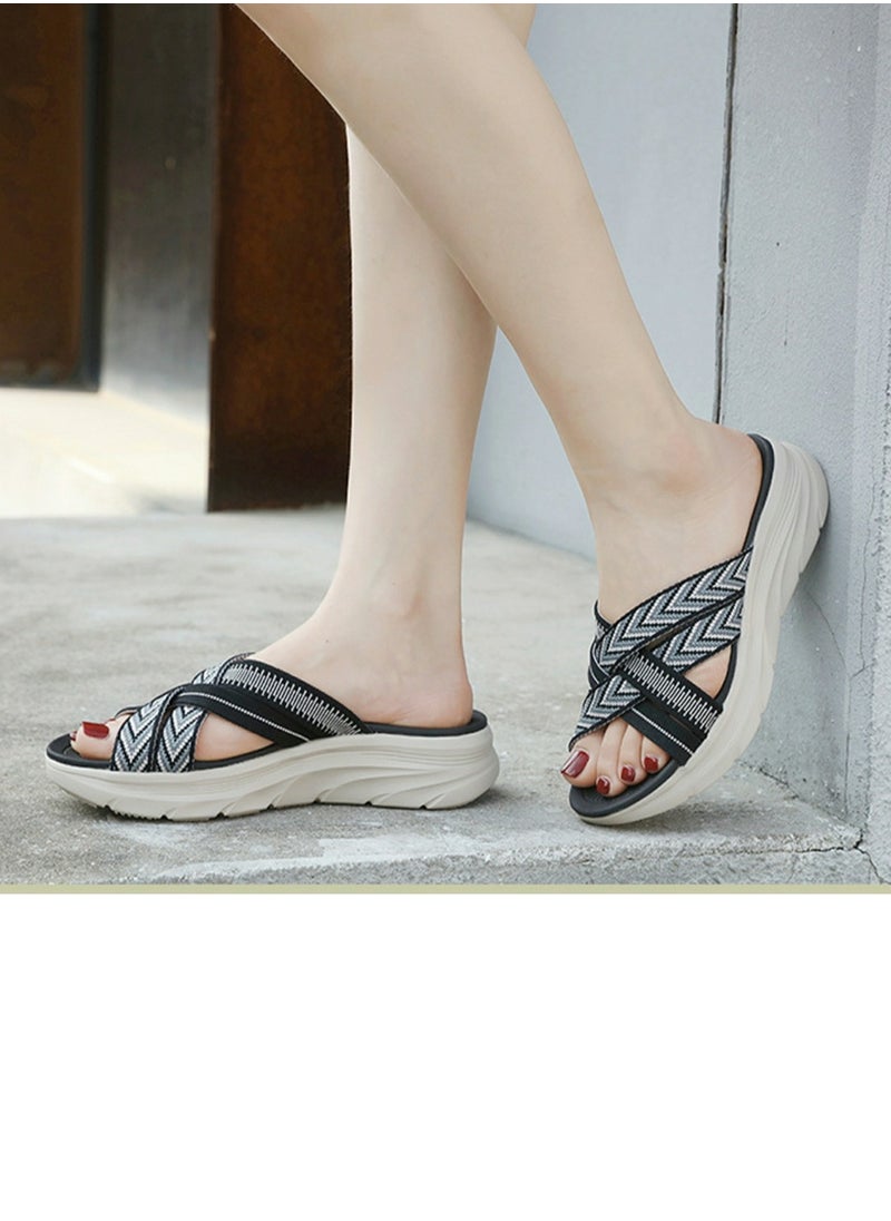 Womens Printed Wedge Sandals Slippers Casual Sport Slip On Summer Shoes Black