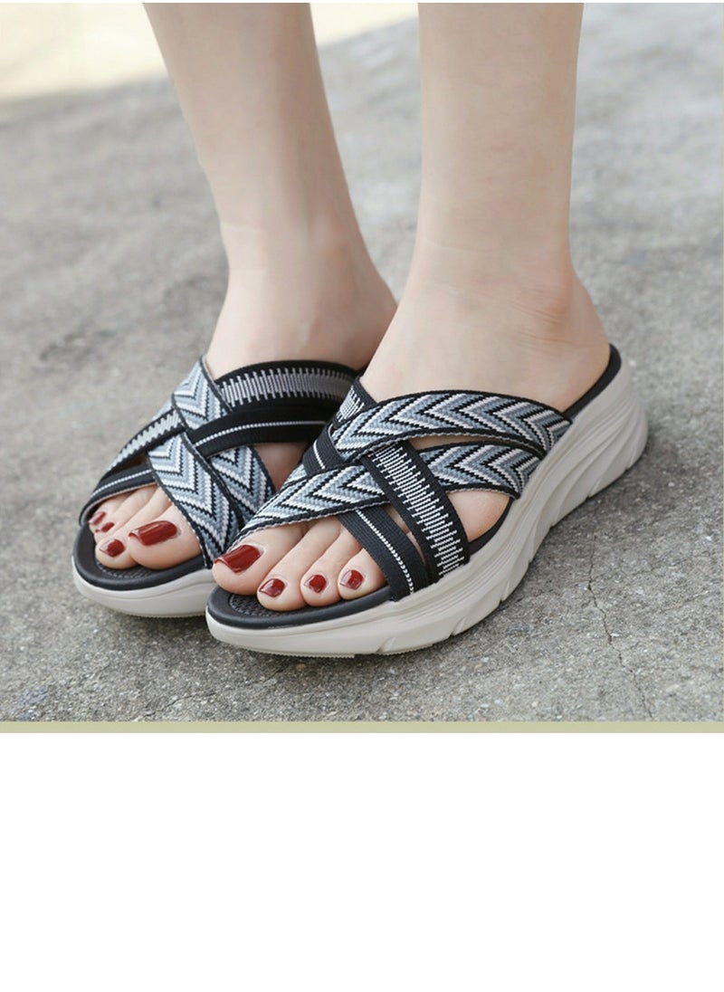 Womens Printed Wedge Sandals Slippers Casual Sport Slip On Summer Shoes Black