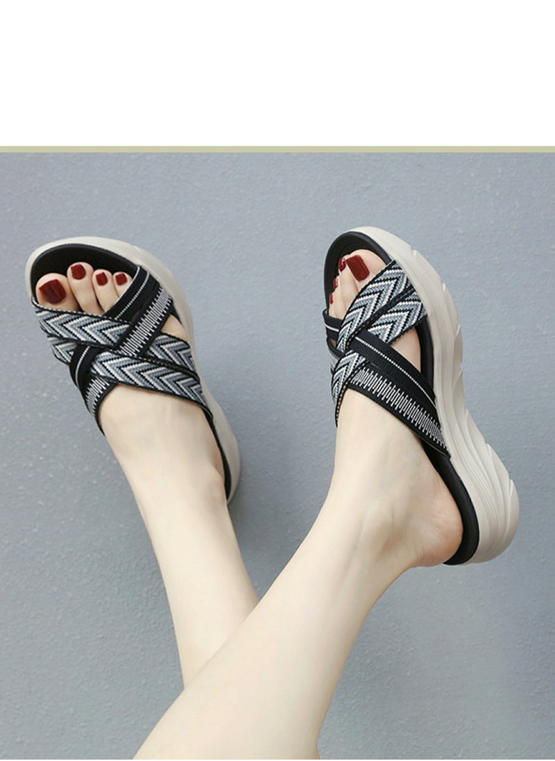 Womens Printed Wedge Sandals Slippers Casual Sport Slip On Summer Shoes Black