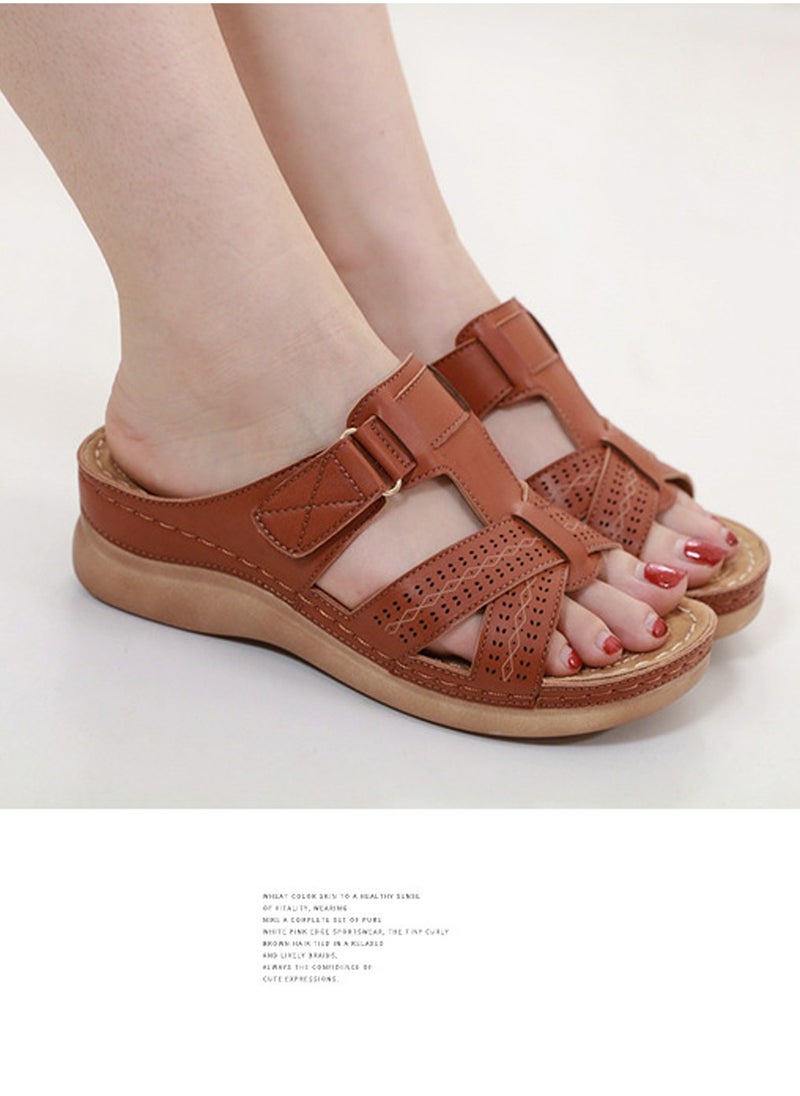 Womens Wedge Sandals Slippers Breathable Casual Slip On Summer Shoes Brown