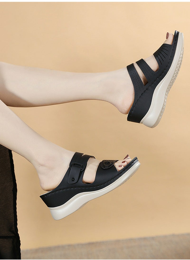 Womens Wedge Sandals Slippers Casual Slip On Summer Shoes Black