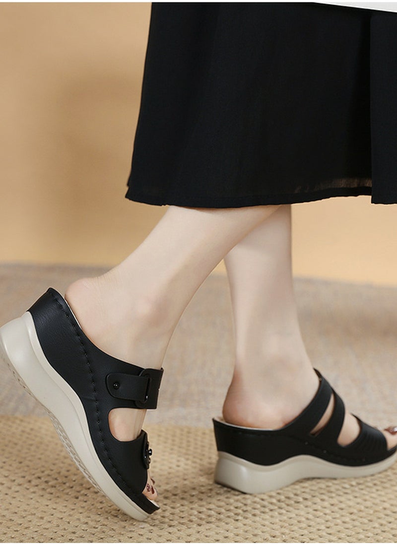 Womens Wedge Sandals Slippers Casual Slip On Summer Shoes Black