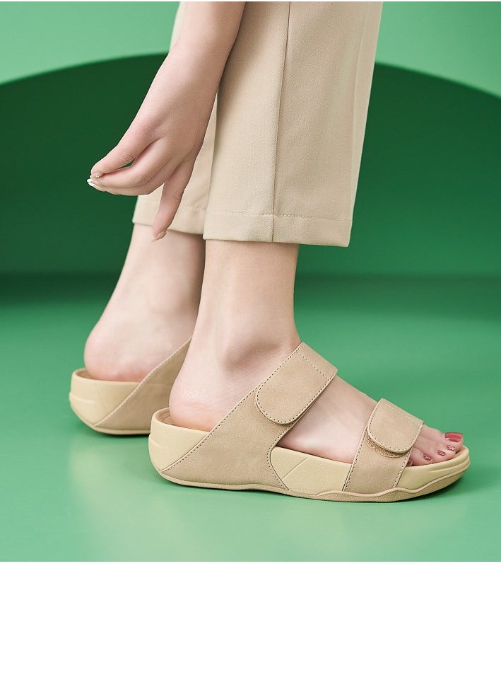 Womens Solid Color Wedge Sandals Slippers Breathable Casual Slip On Summer Shoes Beige