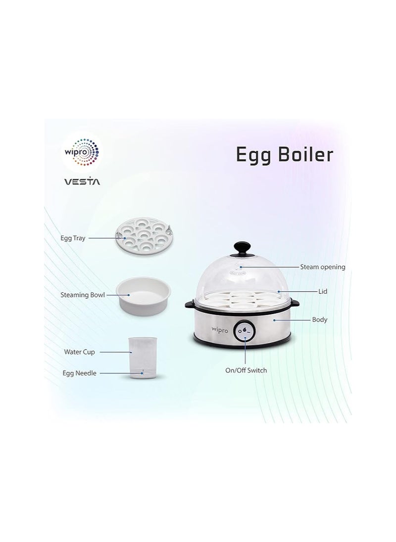 Wipro Vesta Electric Egg Boiler, 360 Watts, 3 Boiling Modes, Stainless Steel Body and Heating Plate, Boils up to 7 Eggs at a time, Automatic Shut Down, White, Standard (VB021070)