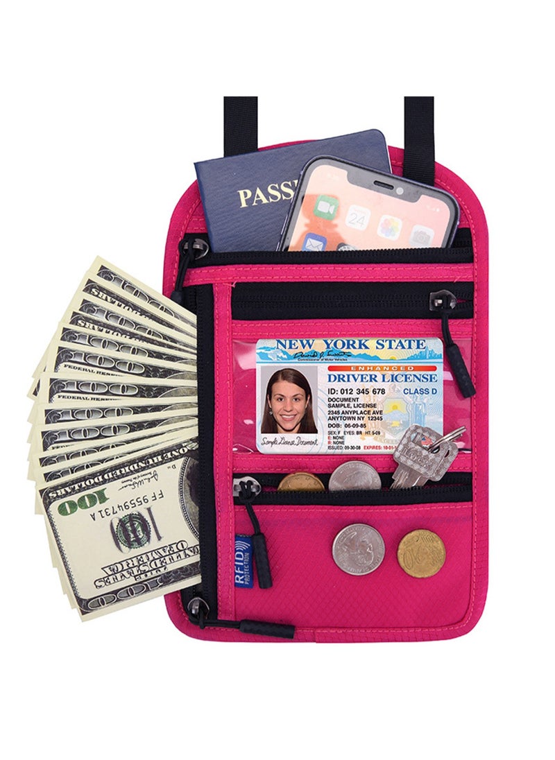 Multifunctional Neck Hanging Passport Bag Messenger Storage Bag Overseas Air Ticket Document Protection Bag Suitable for Business Trips Overseas Travel Study Abroad Convenient Passport Bag (Rose Red)