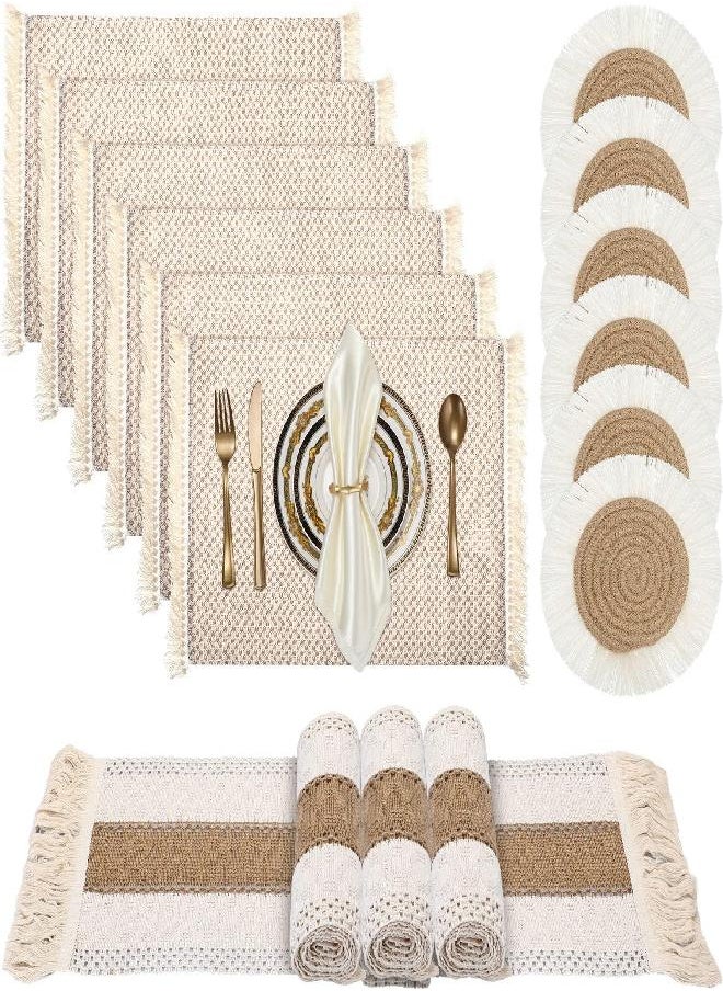 Boho Macrame Table Runner Placemats and Coasters Set of 13, Rustic Table Runner with Tassels Absorbent Boho Placemats Natrual Burlap Farmhouse Coasters for Drinks Bohemian Dining Kitchen Desk Decor