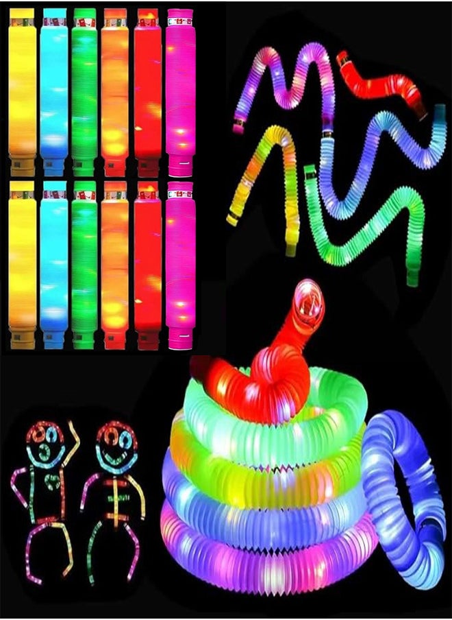 12 Pack LED Light Up Pop Tubes Fidget Toys Sensory Tubes Toddler Toys Glow in the Dark Sticks Gifts Party Supplies for Kids