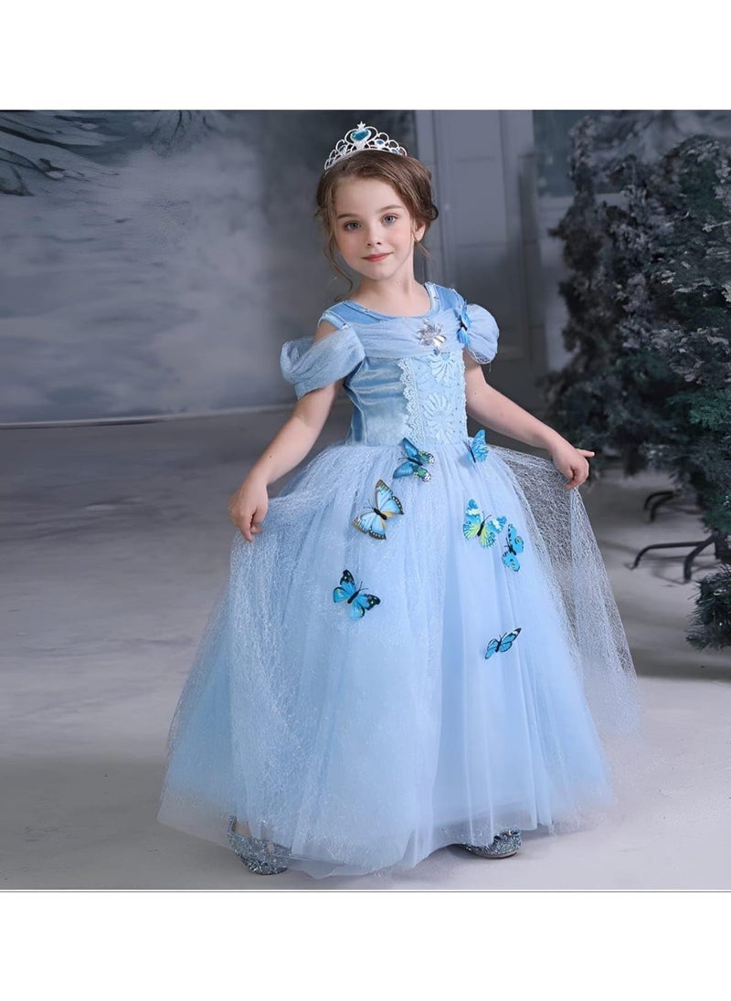 Girls Princess Blue Dress Costume with Free Accessories - Birthday Party Cosplay Outfit for Kids (90-130cm, 5-6 Years)