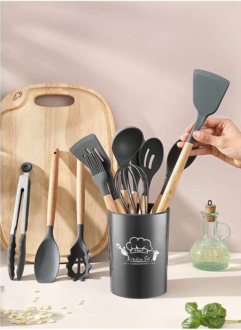 12 pieces Kitchenware set, pot, non stick tableware, wooden handle silicone kitchenware, heat-resistant, kitchen cooking supplies, gray/brown  11.93inch