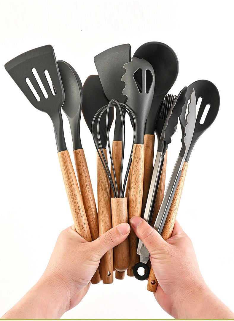 12 pieces Kitchenware set, pot, non stick tableware, wooden handle silicone kitchenware, heat-resistant, kitchen cooking supplies, gray/brown  11.93inch