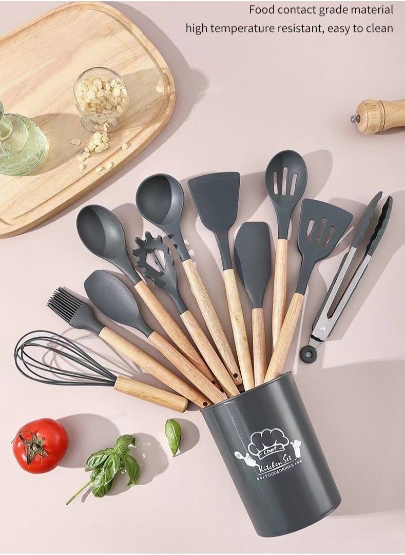 12 pieces Kitchenware set, pot, non stick tableware, wooden handle silicone kitchenware, heat-resistant, kitchen cooking supplies, gray/brown  11.93inch