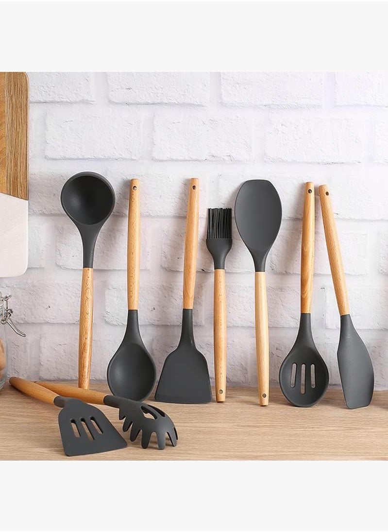 12 pieces Kitchenware set, pot, non stick tableware, wooden handle silicone kitchenware, heat-resistant, kitchen cooking supplies, gray/brown  11.93inch