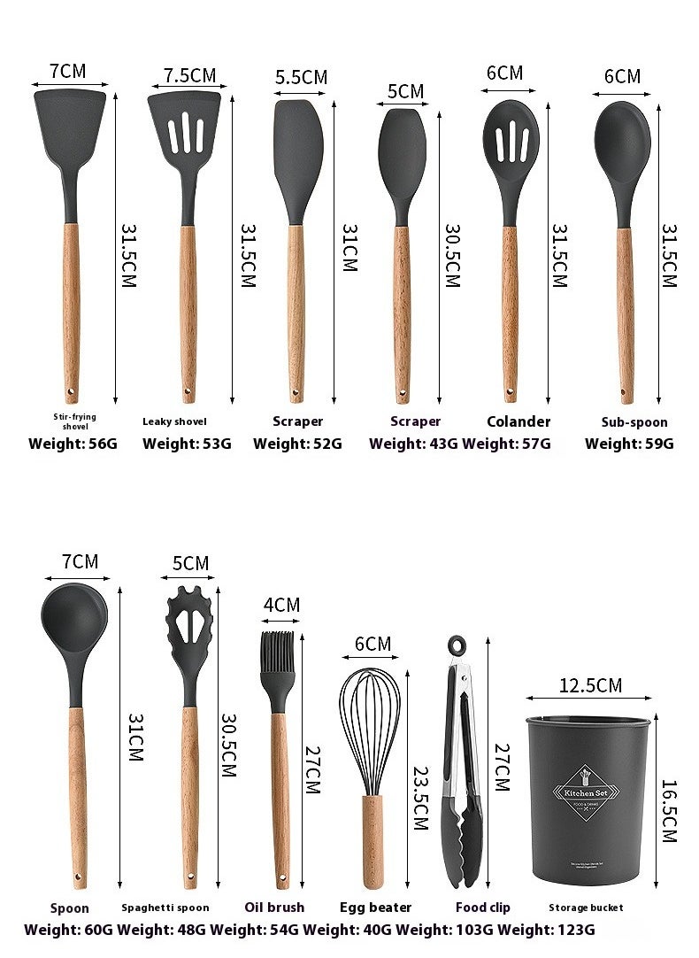 12 pieces Kitchenware set, pot, non stick tableware, wooden handle silicone kitchenware, heat-resistant, kitchen cooking supplies, gray/brown  11.93inch