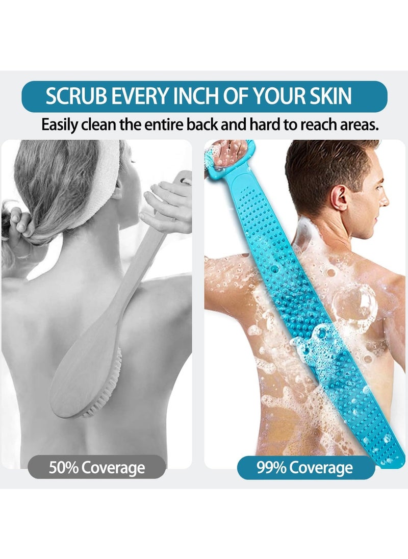 Back Scrubber for Shower 30 inches Two Size for Choosing Bath Body Brush Silicone Back Brush Extra Long Exfoliating Body Scrubber With Handle for Men and Women.(Blue)
