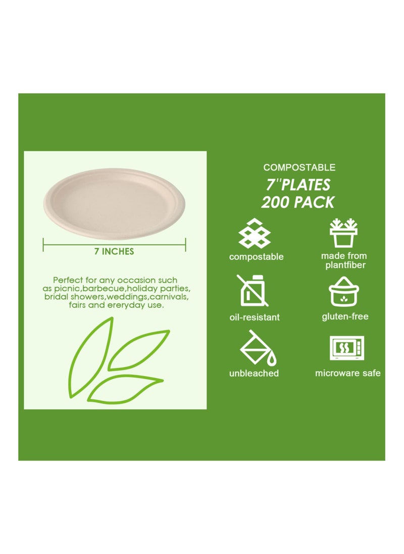 200 Pack Paper Plates 7 inch 100% Compostable Plates {PFAS-Free} - {BPI Certified} Heavy-Duty Disposable Paper Plates Natural Bagasse Natural Biodegradable Eco-Friendly Sugarcane Plates