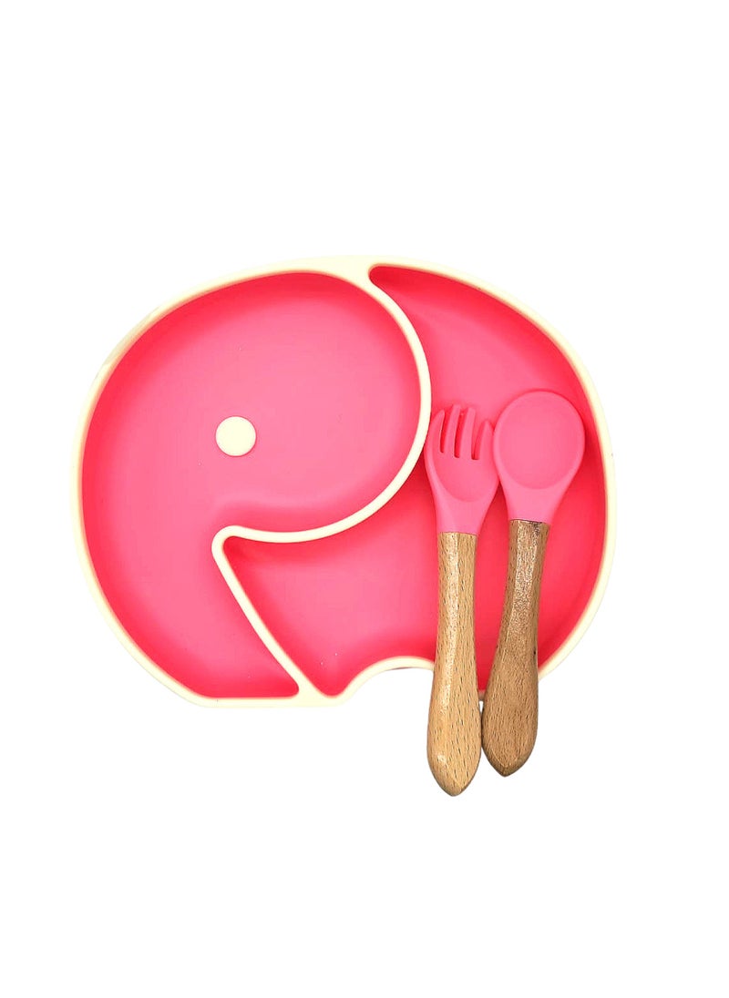 Twisoo Elephant Design Silicone Suction Baby Food Plate, BPA-Free Divided Plate, Non-Toxic Feeding Dish with Wooden Spoons, Pink