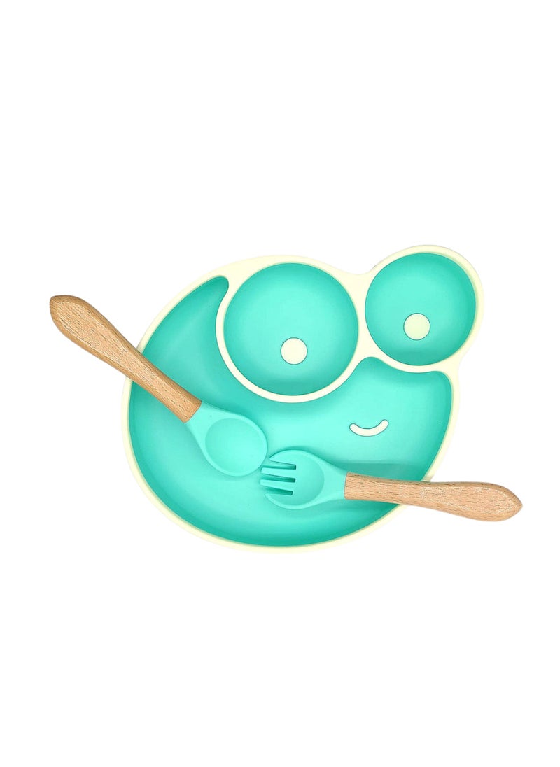 Twisoo Snail Design Silicone Suction Baby Food Plate, BPA-Free Divided Plate, Non-Toxic Feeding Dish with Wooden Spoons, Green