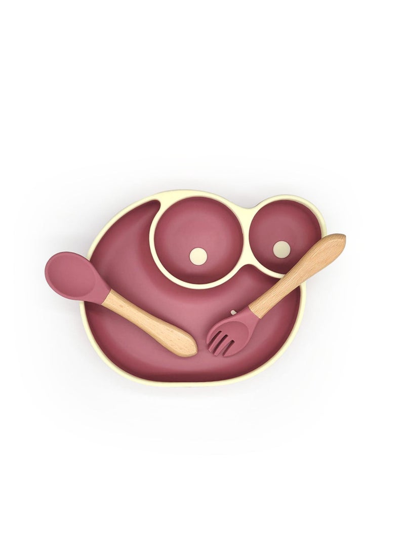 Twisoo Snail Design Silicone Suction Baby Food Plate, BPA-Free Divided Plate, Non-Toxic Feeding Dish with Wooden Spoons, Brown