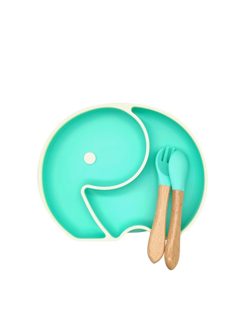 Twisoo Elephant Design Silicone Suction Baby Food Plate, BPA-Free Divided Plate, Non-Toxic Feeding Dish with Wooden Spoons, Green