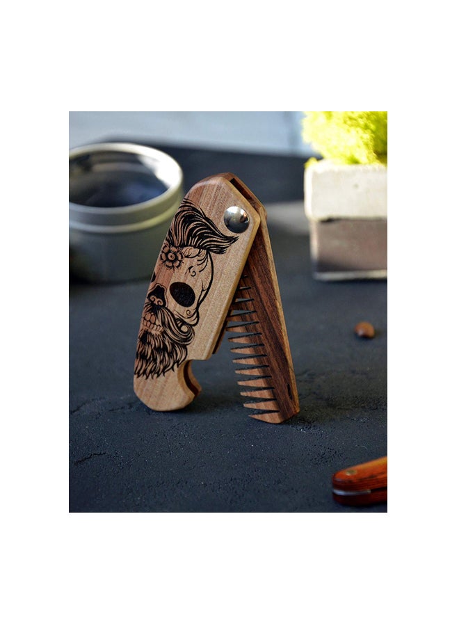 Folding Engraved Beard Comb Brown