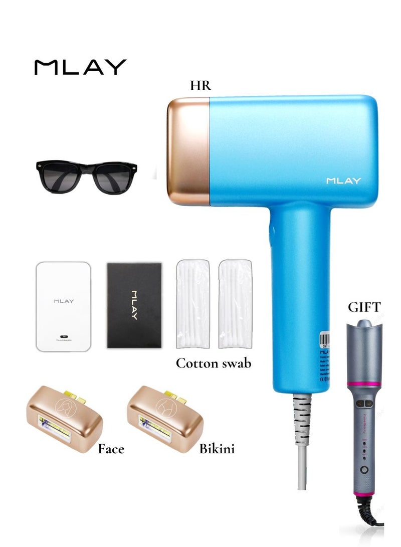 T14 3 in 1 IPL Hair Removal Device, 3℃ Ice Cooling Laser Hair Removal, 500,000 Flashes 0.5s/Flash Painless Hair Removal Device for Whole Body Bikini Face Arm Armpit Face Back Leg（With a Automatic Hair Curler）