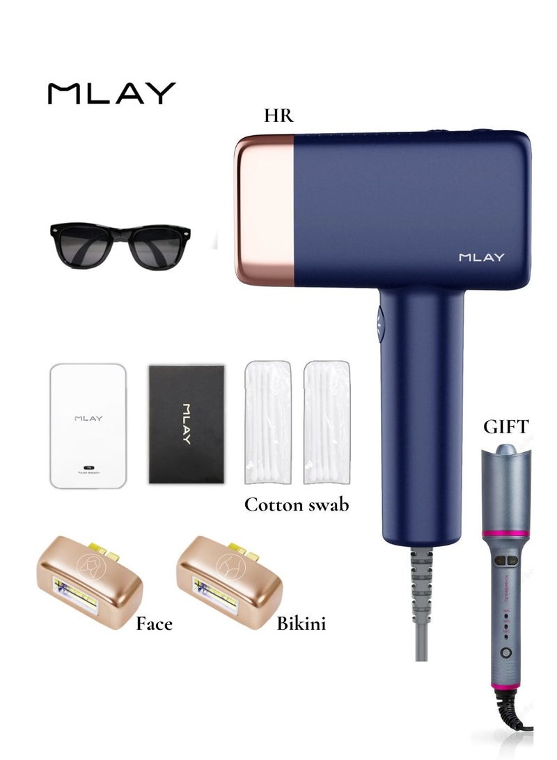 T14 3 in 1 IPL Hair Removal Device, 3℃ Ice Cooling Laser Hair Removal, 500,000 Flashes 0.5s/Flash Painless Hair Removal Device for Whole Body Bikini Face Arm Armpit Face Back Leg（With a Automatic Hair Curler）