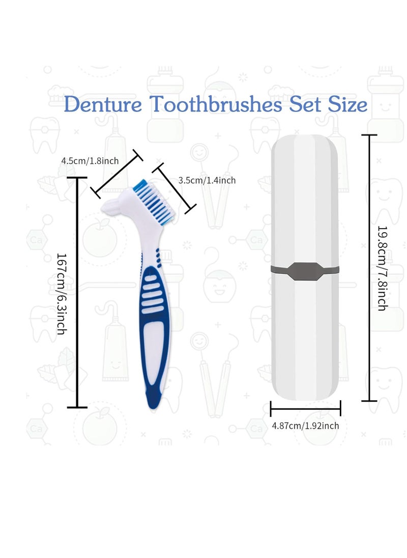 Denture Brush, 2 Pcs False Teeth Toothbrush with White Carrying Case, Multi-Tiered Bristles with Comfort Grip Handle for Effective Denture Cleaning