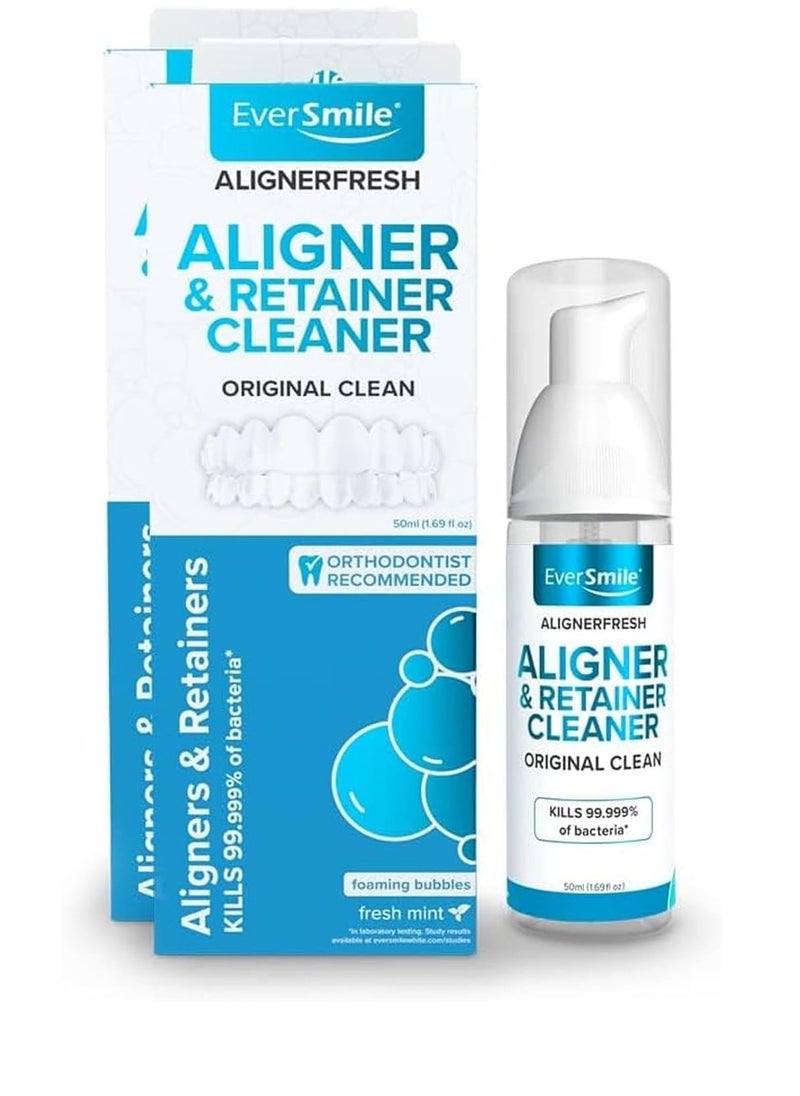 EverSmile AlignerFresh Original Clean-The Original Cleaning WhiteFoam On-The-Go Clear Retainer Cleaner. Eliminates Bacteria, Whitens Teeth & Fights Bad Breath (50ml - 2 Pack)