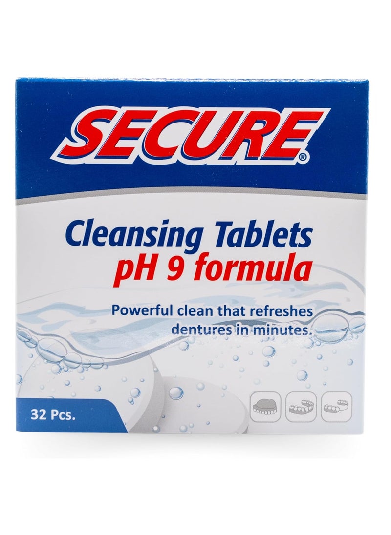 Secure Anti-Plaque Cleansing Tablets PH Formula Removes Odors, Stains, Bacteria, Germs - Deeply Clean Dentures, Partials, Nightguards, Retainers in 5 Minutes - Zinc Free - 32 Tablets (1 Pack)