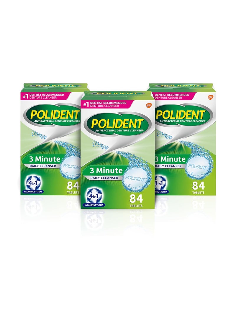 Polident 3 Minute Denture Cleanser Tablets - Cleans Removable Oral Appliances, Clear Retainers, and Mouth Guards - 84 Count (Pack of 3)