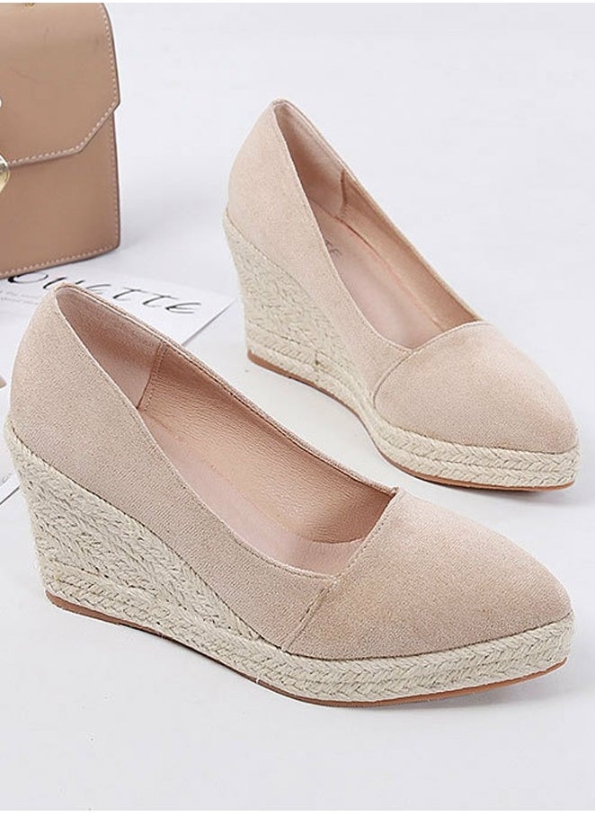 Women's Platform Espadrilles Wedge Heeled Sandals Slip On Closed Pointed Toe Wedge Pumps Apricot