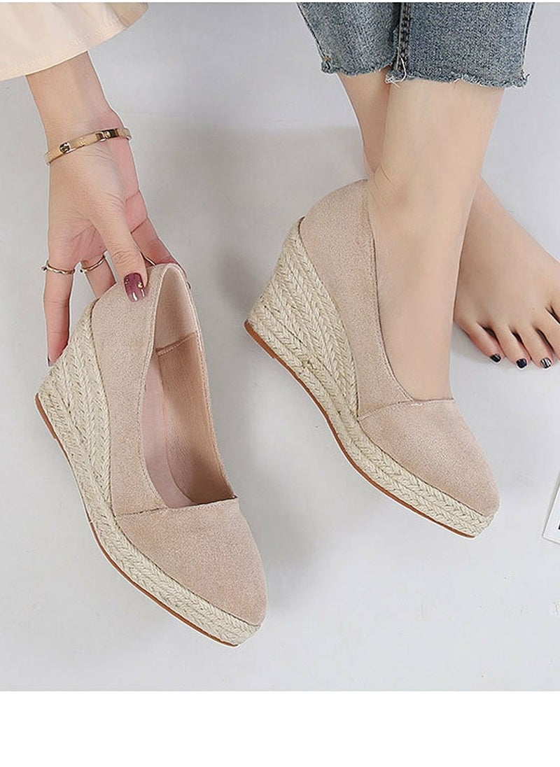 Women's Platform Espadrilles Wedge Heeled Sandals Slip On Closed Pointed Toe Wedge Pumps Apricot