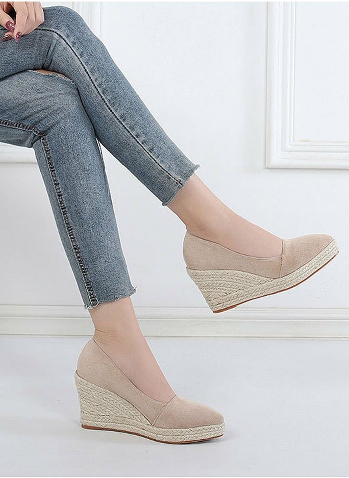 Women's Platform Espadrilles Wedge Heeled Sandals Slip On Closed Pointed Toe Wedge Pumps Apricot