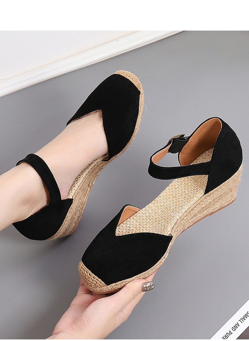 Women's Platform Espadrilles Wedge Sandals Ankle Strap Closed Round Toe Wedge Shoes Black