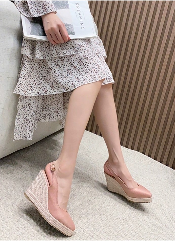 Espadrilles Wedge Sandals Closed Pointed Toe Slingback Buckle Strap Wedges Pumps Platform Heeled Sandal Dark Pink