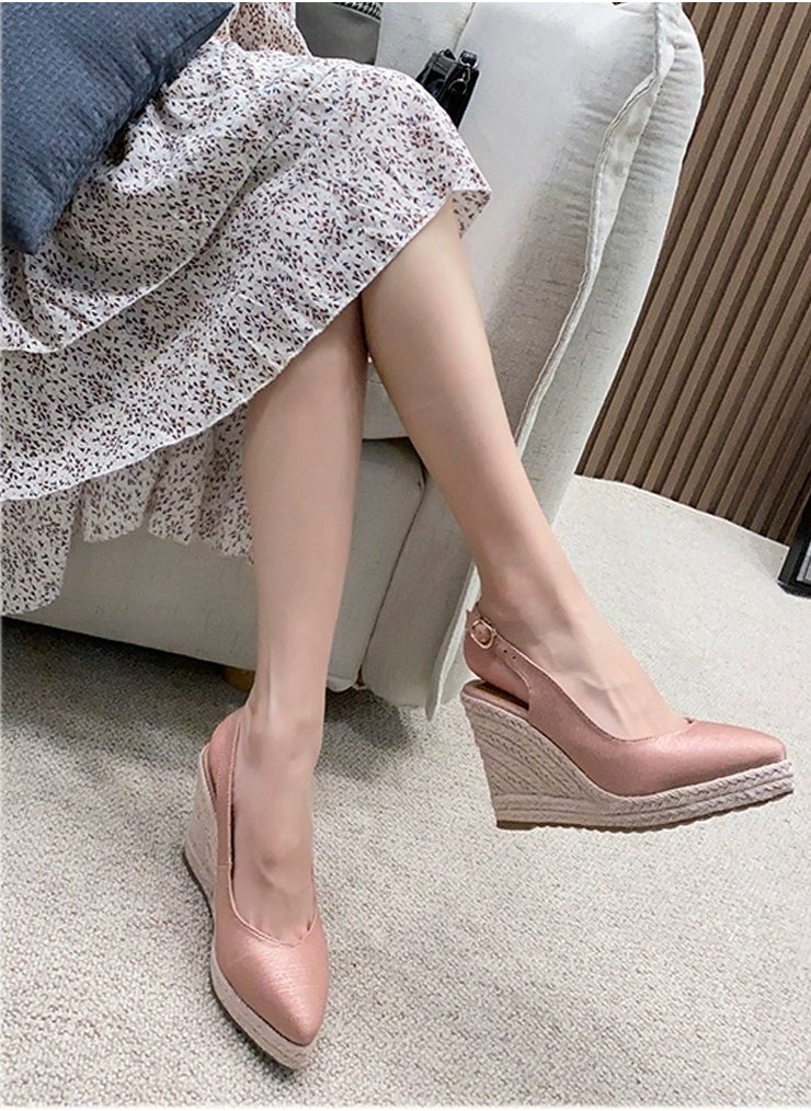 Espadrilles Wedge Sandals Closed Pointed Toe Slingback Buckle Strap Wedges Pumps Platform Heeled Sandal Dark Pink