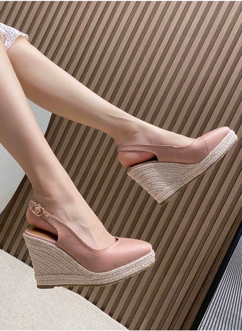 Espadrilles Wedge Sandals Closed Pointed Toe Slingback Buckle Strap Wedges Pumps Platform Heeled Sandal Dark Pink