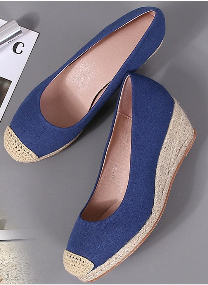 Women's Platform Espadrilles Wedge Heeled Sandals Slip On Closed Round Toe Wedge Shoes Navy Blue