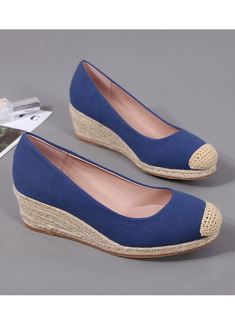 Women's Platform Espadrilles Wedge Heeled Sandals Slip On Closed Round Toe Wedge Shoes Navy Blue