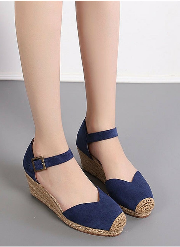 Women's Platform Espadrilles Wedge Sandals Ankle Strap Closed Round Toe Wedge Shoes Navy Blue