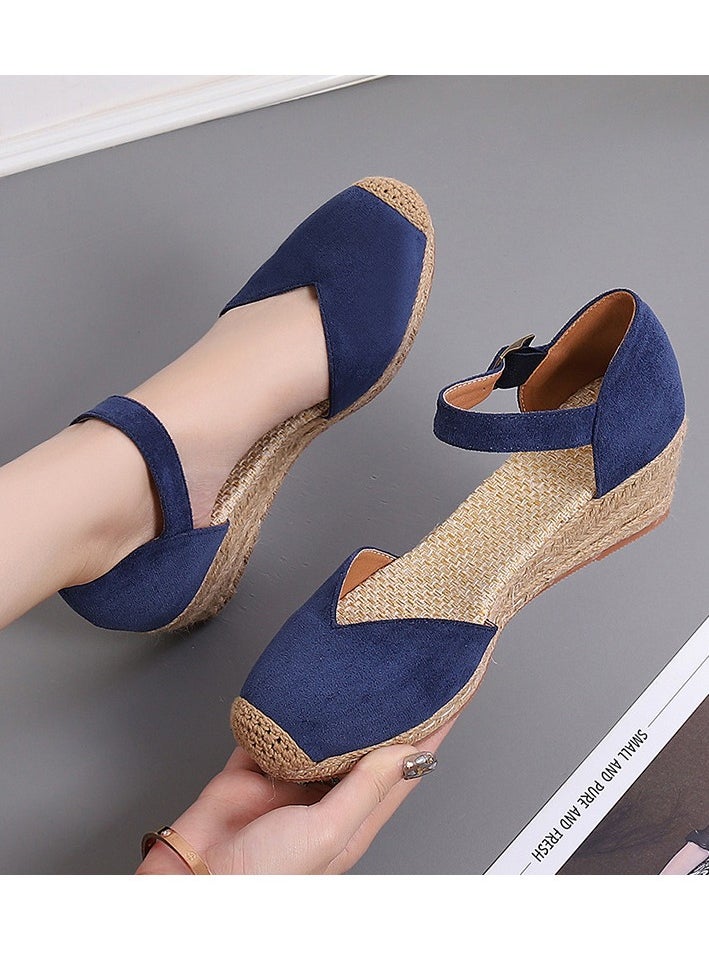 Women's Platform Espadrilles Wedge Sandals Ankle Strap Closed Round Toe Wedge Shoes Navy Blue