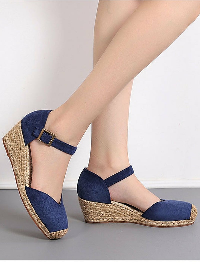 Women's Platform Espadrilles Wedge Sandals Ankle Strap Closed Round Toe Wedge Shoes Navy Blue