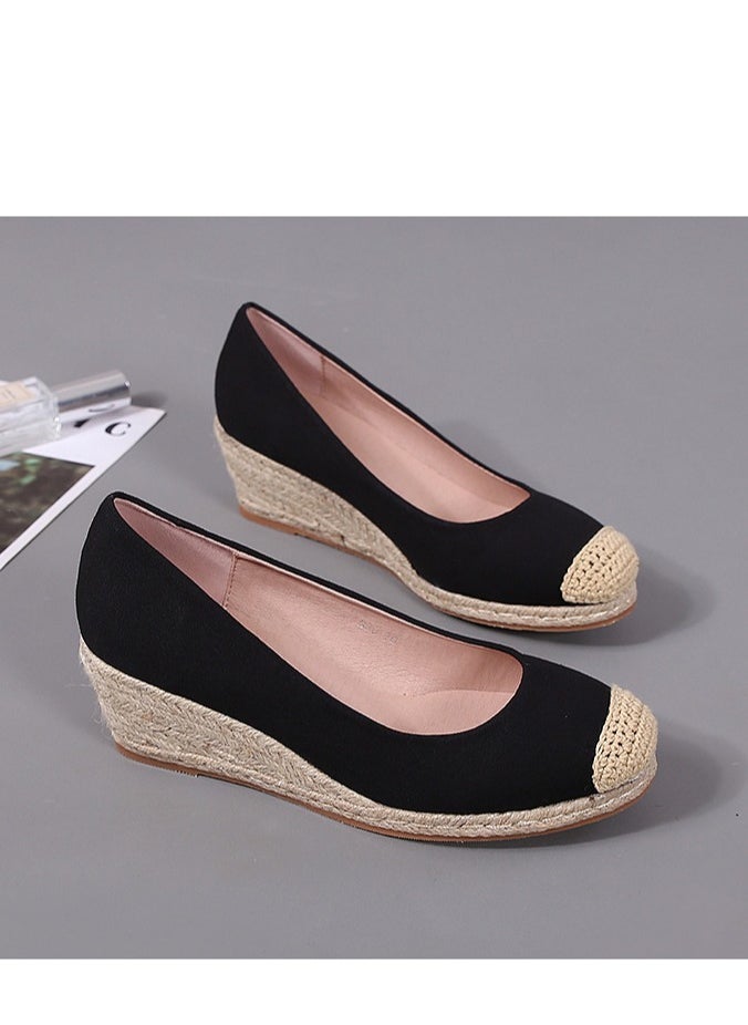 Women's Platform Espadrilles Wedge Heeled Sandals Slip On Closed Round Toe Wedge Shoes Navy Blue