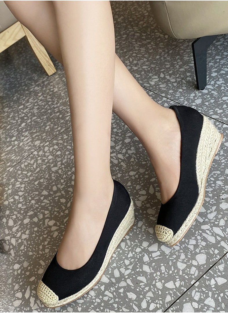 Women's Platform Espadrilles Wedge Heeled Sandals Slip On Closed Round Toe Wedge Shoes Navy Blue