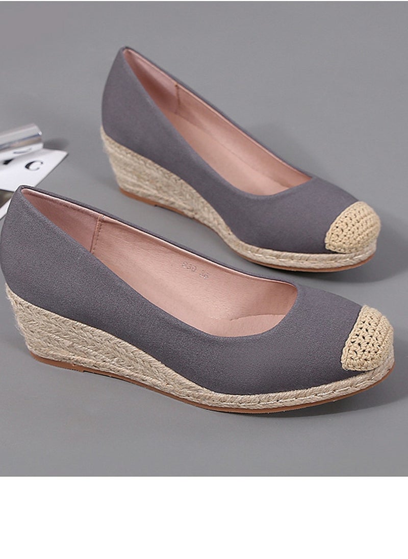 Women's Platform Espadrilles Wedge Heeled Sandals Slip On Closed Round Toe Wedge Shoes Dark Grey