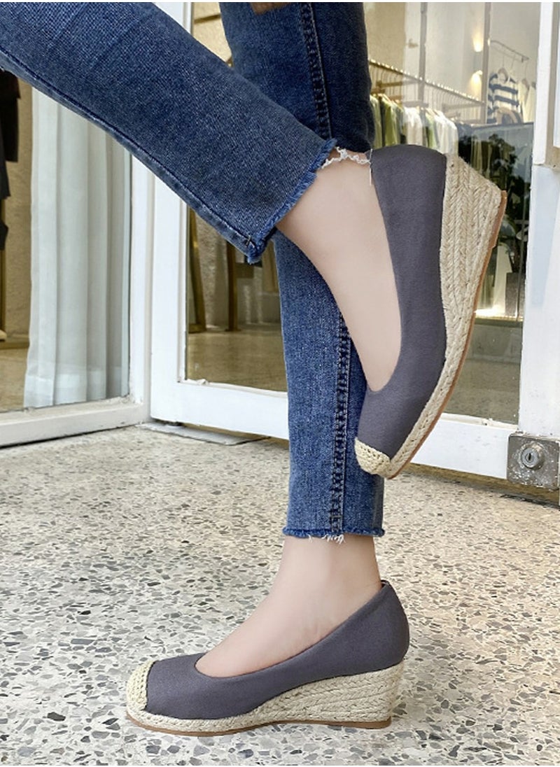 Women's Platform Espadrilles Wedge Heeled Sandals Slip On Closed Round Toe Wedge Shoes Dark Grey