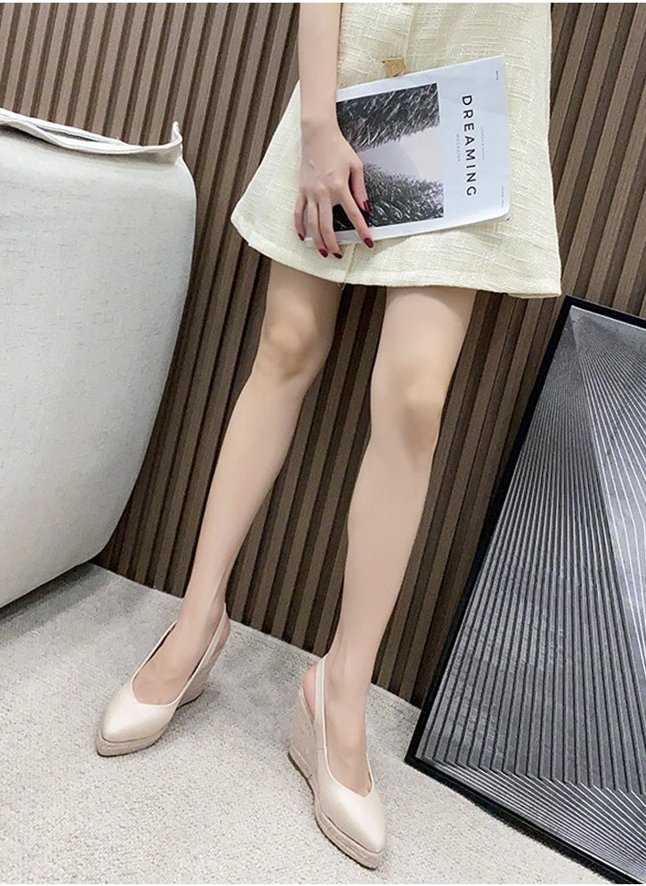 Espadrilles Wedge Sandals Closed Pointed Toe Slingback Buckle Strap Wedges Pumps Platform Heeled Sandal Apricot