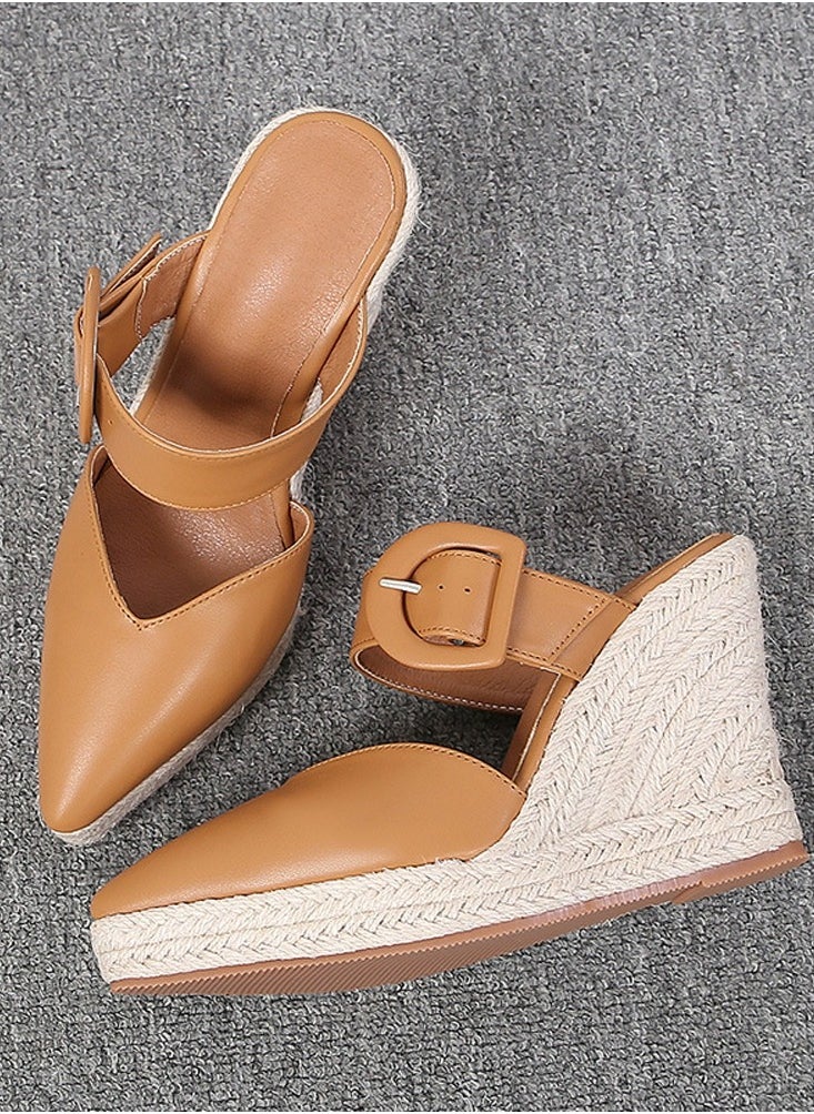 Women's Platform Espadrilles Wedge Heeled Sandals Slip On Closed Pointed Toe Wedge Pumps Brown