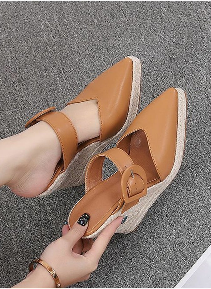 Women's Platform Espadrilles Wedge Heeled Sandals Slip On Closed Pointed Toe Wedge Pumps Brown